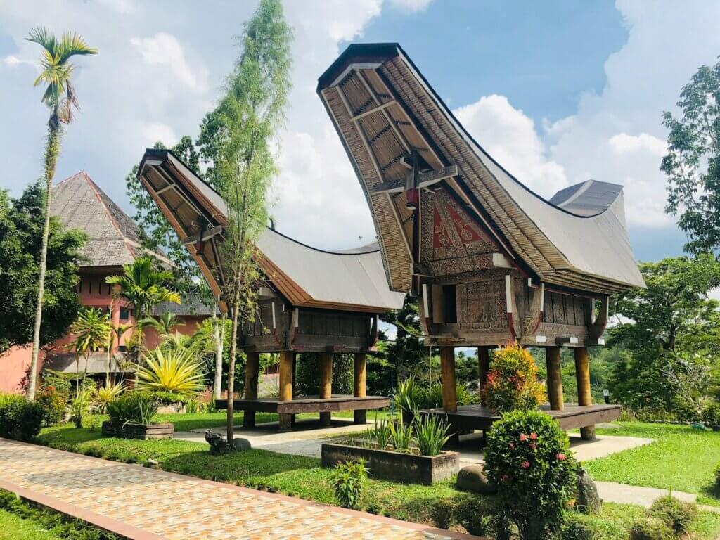 Tongkonan - brown wooden house surrounded by green trees under blue sky during daytime