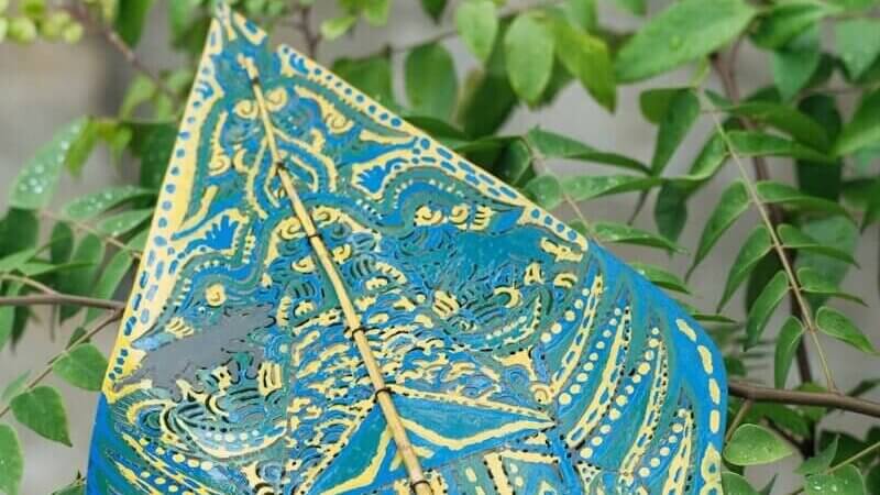 a blue and yellow umbrella